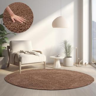 HomebyHome Hochflor Runder Teppich 200 cm Rund Einfarbig Mokka Teppich Langflor Shaggy Modern Teppich für Wohnzimmer, Schlafzimmer, Pflegeleicht Flauschig Weich Rund Großer Teppich