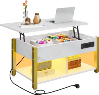 YITAHOME Couchtisch mit Anhebbarer Platte, Leicht Anzuheben, 2-Stufiger Stauraum, Höhenverstellbarer Couchtisch mit Verstecktem Staufach und LED Beleuchtung für Wohnzimmer, Büro, Weißer Marmor