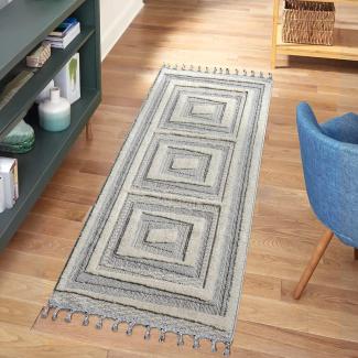 carpet city Teppich Läufer Boho Flur - Graublau, Creme - 80x300 cm - Bordüre - Relief-Optik, 3D-Effekt - Cut-&Loop, Sisal - Moderne Fransen-Teppiche Schlafzimmer