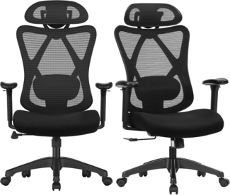 Songmics Schreibtischstuhl mit verstellbarer Lendenstütze und Kopfstütze, Netzstoff schwarz, max. 150 kg
