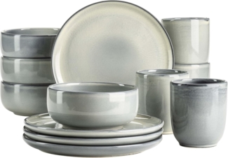 Frhstcksgeschirr Set fr 4 Personen mit henkellosen Kaffeebechern, moderne nordische Formen, 12-teiliges Service; Grn