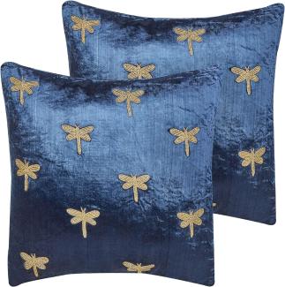 Kissen 2er Set BLUESTEM Samtstoff 45 x 45 cm Tiermuster Stickerei Marineblau