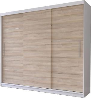 Fabryka Mebli Idźczak Schwebetürenschrank Alba 250, Schiebetürenschrank, Kleiderschrank mit Kleiderstange und Einlegeboden, Schlafzimmerschrank, Schiebetüren, Modern Design (Weiß/Sonoma)