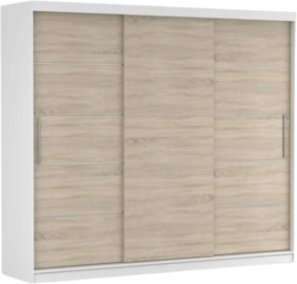 Fabryka Mebli Idźczak Schwebetürenschrank Alba 250, Schiebetürenschrank, Kleiderschrank mit Kleiderstange und Einlegeboden, Schlafzimmerschrank, Schiebetüren, Modern Design (Weiß/Sonoma)