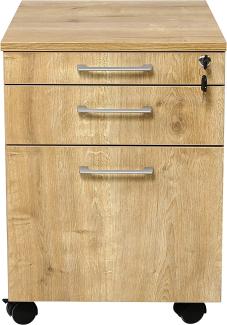 Furni24 Rollcontainer, abschließbarer Aktenschrank mit Schubladen, Holz, 3 Schübe Eiche, 43 x 59 x 57h