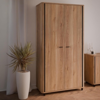 Forte FALAM Schrank 100 110, zeitgenössischer, schmaler Kleiderschrank, 2-türig, Schlafzimmer, Holzwerkstoff, Mauvella Eiche Holzdekor|Schwarz, 104,7 cm breit x 199,6 cm hoch x 52,9 cm tief