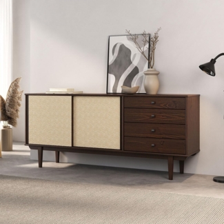 IDIMEX Sideboard SIMONA, Anrichte Kommode Rattan Geflecht Schiebetüren 4 Schubladen Massivholz