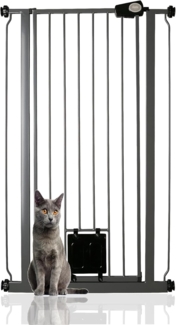 Bettacare Haustiergitter mit Verriegelbarer Katzenklappe, 68.5cm - 75cm, Schiefergrau, 104cm in der Höhe, Extra Hohes Haustier Sicherheitsgitter mit Katzenklappe, Einfache Installation
