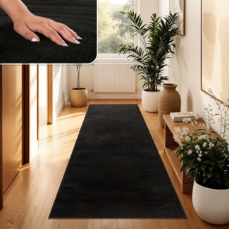 Paco Home Waschbarer Teppich Wohnzimmer Schlafzimmer Kurzflor rutschfest Flauschig Weich Moderne Einfarbige Muster, Grösse:80x300 cm, Farbe:Schwarz