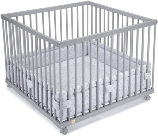 FabiMax Baby Laufgitter 100x100 Grau lackiert, stufenlos höhenverstellbar, mit Schlupfsprossen, Laufstall aus massivem Buchenholz (Graue Blümchen)