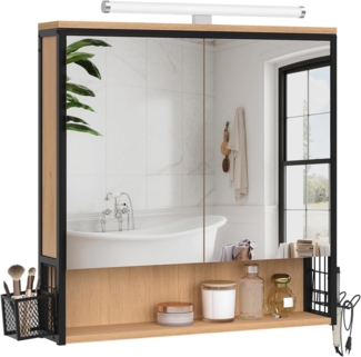 EUGAD Spiegelschrank Bad mit Beleuchtung, Badezimmerschrank mit Spiegel, Badschrank hängend, mit Verstellbarer Ablage Halter Korb, aus Metall MDF, Schwarz + Helle Eiche, 70Bx70Hx14,5T cm