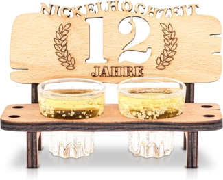 DARO Design - Schnapsbank 12. Hochzeitstag Nickelhochzeit Geschenk Deko für Paare Männer Frauen aus Holz mit Gläsern