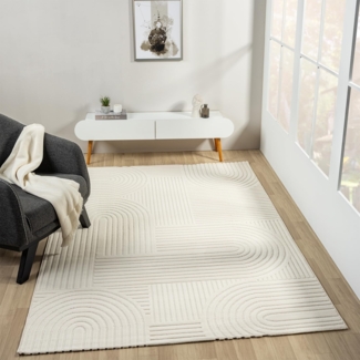 Vimoda Teppich Teppich Wohnzimmer moderner Kurzflor Einfarbig 3D, Rechteckig, Höhe: 11 mm, Läufer Skandinavisches Design neu weich in Creme weiß