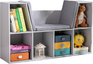 HOMCOM Kinderregal, Bücherregal mit Sitzhocker 1-tlg, mit 6 Fächern, 3 Kissen, für Kinderzimmer, Wohnzimmer, Grau