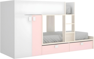 Vente-unique - Etagenbett mit Kleiderschrank + Matratzen - 2x 90 x 190 cm - Weiß, Naturfarben & Rosa - JUANITO