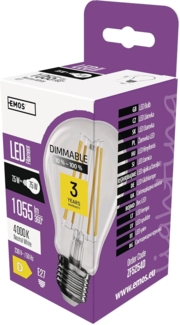EMOS dimmbare Edison LED Lampe Filament A60, 7,5W Ersatz für 75W Glühbirne, Vintage-Stil mit E27 Sockel, Helligkeit 1055 lm, Neutralweiß 4000 K, 25000 Stunden Lebensdauer, CRI 80, 320° Abstrahlwinkel