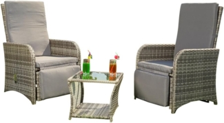Melko Sitzgruppe Sitzgarnitur Grau Polyrattan Balkonset Essgarnitur Gartenmöbel Set, (elegantes Set im Lounge-Design, 3-tlg, inkl. Auflagen für mehr Komfort), 3-teiliges Rattanmöbel Set mit verstellbarer Rücken- & Fußlehne
