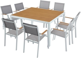 Vente-unique - Garten-Essgruppe: Tisch quadratisch 140 cm + 8 stapelbare Sessel - Aluminium - Holzfarben hell & Grau - MACILA von MYLIA