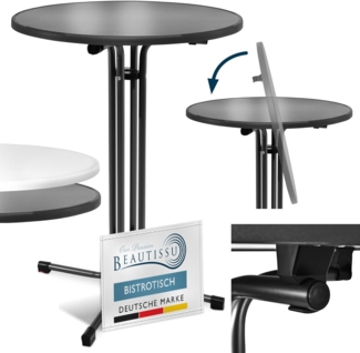 Beautissu Stehtisch Schwarz klappbar Ø70cm Bellini – Stabiler Outdoor Bistrotisch Wetterbeständig höhenverstellbarer Fuß, leichte Montage Halterung vormontiert – Kratzfest Gastro Partytisch Rund