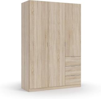 Dmora Kleiderschrank mit drei Flügeltüren und drei Schubladen, Farbe Kanadische Eiche, 135 x 200 x 52 cm.