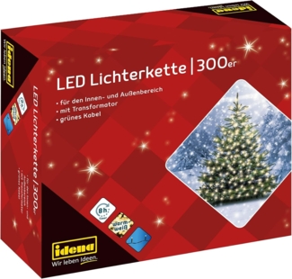 Idena 30441 - LED Lichterkette mit 300 LEDs in Warmweiß, mit 8 Stunden Timer Funktion und Transformator, ca. 37,9 m lang, Deko für Innen & Außen, als Party Deko, Weihnachtsdeko, zur Hochzeit