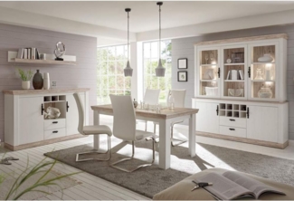 Essplatz mit Buffetschrank im Landhaus-Stil FERNA-61 im Dekor Pinie weiß und Oslo dunkel Nb. inkl. LED (ohne Stühle) B/H/T ca. 512 x 104 x 44 cm