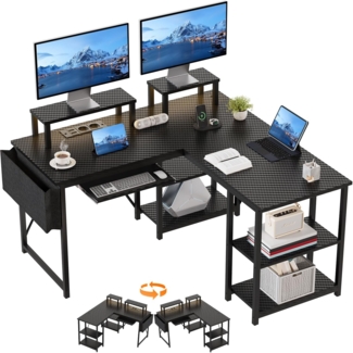 JUMMICO Gaming Tisch mit LED 140x140 cm, Schreibtisch L-förmiger mit Monitor Ständer und Ablagefach,Reversible Eckschreibtisch Computertisch mit 2 Steckdosen 2 USB und Aufbewahrungstasche, Schwarz