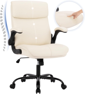 COLAMY Schreibtischstuhl, Ergonomischer Bürostuhl mit Verstellbaren Armlehnen, Chefsessel mit Hoher Rückenlehne, Höhenverstellbar und Neigbar Drehstuhl mit Dicker Lederpolsterung, Elfenbein