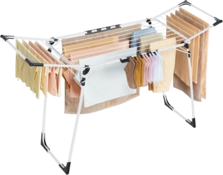 SONGMICS Wäscheständer, Standtrockner 56,5 x 173 x 96,5 cm, Flügelwäscheständer, Flügelwäschetrockner platzsparend, mit Sockenhalter, Metall, für Kleidung, Handtücher, Wäsche, weiß LLR518W01