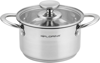 FLORINA Edelstahl Topf 1,9 l 16 cm Durchmesser I Energiesparender Kochtopf FALCON I Topf mit Glasdeckel und Messskala I 3-lagiger Boden gleichmäßige Wärmeverteilung I Ideal für alle Herdarten
