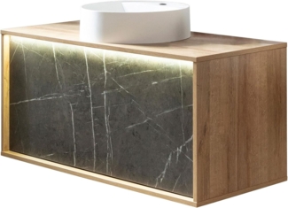 LANZET DUNE Waschbecken mit Unterschrank 100,3 cm breit, Braun hell/Marmor Grau, Aufsatzwaschbecken Gussmarmor Weiß, inkl. LED Beleuchtung