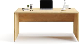 Furni24 Schreibtisch fürs Arbeitszimmer und Home Office - Großer laminierter Computertisch aus Holz, 2 Kabeldurchlässe, Bodengleiter, 2-Personen-Arbeitsplatz (Saphir-Eiche, 160 x 80 x 75 cm)