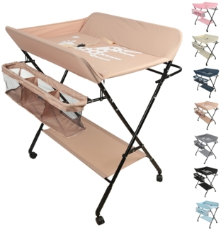 Klappbarer Wickelkommode mit Aufbewahrungskorb - Für das Neugeborene Kleidung und Windeln Wechseln - Tragbarer Wickeltisch mit 4 Räder, Höhenverstellbar, 25 kg Max (80 * 66 * 98cm, Aprikose)