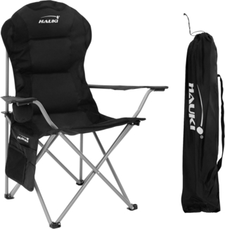 Hauki Campingstuhl Faltstühl faltbar mit Getränkehalter & Tragetasche bis 150kg (1 St), Klappstuhl 56x95x110 cm Schwarz Angelstuhl mit Hochlehner Gepolster