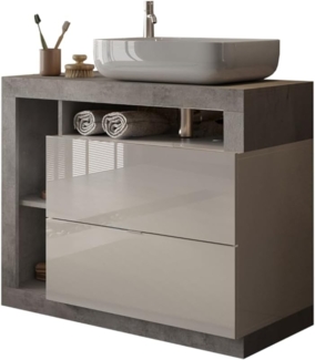 Robas Lund Hamburg Waschtisch, Modern, Badezimmer, 92 x 92 x 49 cm, Weiß Hochglanz/Betonoptik, Holzwerkstoff mit Keramik-Waschbecken, Bodenstehend