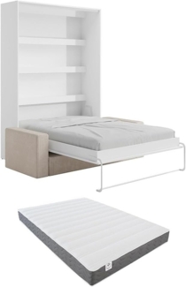 Vente-unique - Schrankbett + Sofa + Matratze - 140 x 200 cm - Manuelle vertikale Öffnung - Mit LED-Beleuchtung - Weiß - RAPILI