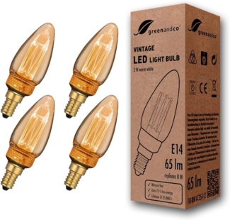 greenandco 4x LED Vintage Glühbirne zur Stimmungsbeleuchtung | E14 C35 | gold | 2W 65lm | 1800K extra warmweiß | 320° | 230V | flimmerfrei | nicht dimmbar | Edison Glühbirne