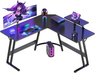 Devoko Gaming Tisch L Form mit Monitorständer, Eckschreibtisch für Gamer, Gaming Schreibtisch L Form, Groß Pc Computertisch, 120x120 cm, Kohlefaser Schwarz