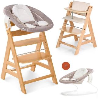 Hauck Alpha Newborn Set - Baby Holz Hochstuhl ab Geburt mit Liegefunktion inkl. Aufsatz für Neugeborene und Hochstuhlauflage, mitwachsend, höhenverstellbar - Natur Beige