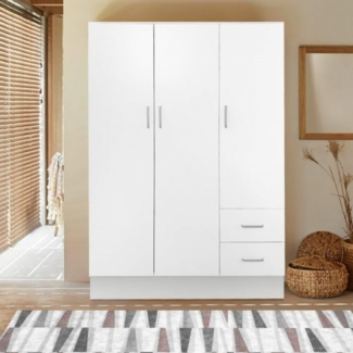 Dmora Kleiderschrank mit drei Türen und zwei Schubladen mit Einlegeböden und Kleiderstange, Farbe weiß, Maße 120 x 170 x 50 cm