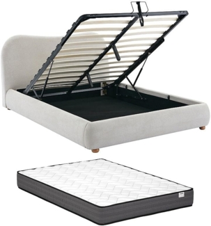 Vente-unique - Bett mit Bettkasten - 140 x 190 cm - Stoff - Beige + Matratze - VANARI