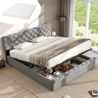 OKWISH Schlafsofa Daybett Tagesbett Doppelbett Stauraumbett Kinderbett Polsterbett, mit LED-Licht, USB-Ladeanschluss und Samtbezug – Perfekt für Wohnzimmer & Gästezimmer, Ohne Matratze