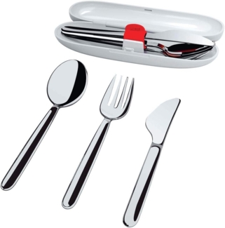 Alessi Besteck-Set Reisebesteck Set, Edelstahl 18/10 poliert, Etui thermoplastisches Harz, Je 1 Löffel, Messer, Gabel 15.5 cm lang