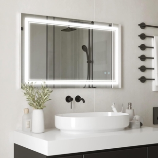 Kleankin Spiegel Badspiegel, Badezimmerspiegel mit LED-Beleuchtung (Wandspiegel mit Touchschalter, 1-St, 3 Lichtfarben, Lichtspiegel IP44), IP44 Wasserdicht, 100 x 60 cm