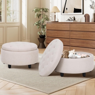 COLAMY Hocker mit Stauraum 2er Set, Modernes Kunstleder Sitzhocker mit Stauraum, Gepolstert Rund Fußhocker Aufbewahrung mit Holzbeinen für Wohnzimmer Schminktisch Schlafzimmer Schlafzi, beige