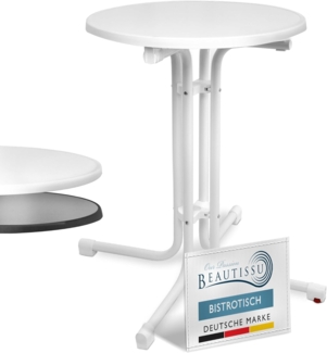 Beautissu Bistrotisch Outdoor Rund Ø 60 cm – Beistelltisch Balkontisch Stabiler Gartentisch Rund Klappbar 70 cm hoch – Campingtisch Partytisch Esstisch Gastro – Weiß Bistroni