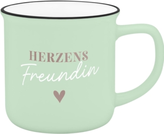 GRUSS & CO Becher mit Motiv Herzensfreundin | Lieblingsbecher aus New Bone China Porzellan, Emaille-Optik, schwarzer Trinkrand, 35 cl | Geschenk Freundschaft | 74663