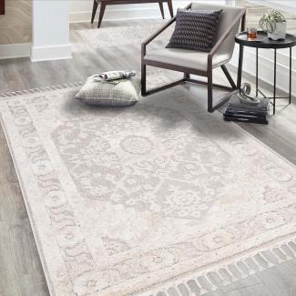 carpet city Teppich Wohnzimmer Boho-Stil Creme - 200x290 cm - Ornamente, Bordüre - Relief-Optik, 3D-Effekt - Cut-&Loop, Sisal - Moderne Fransen-Teppiche Schlafzimmer