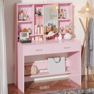 JUMMICO Schminktisch mit LED Beleuchtung, Frisiertisch mit Spiegel und Schmuckhaken, 3 Farben Einstellbarer Helligkeit, Kosmetiktisch mit 2 Schubladen und, 4 offene Ablagen für Schlafzimmer, Rosa