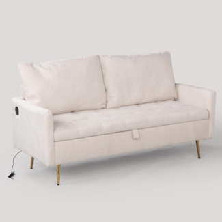 MEUBLE COSY Sofa Kleines Couch 2 Sitzer mit USB-Anschlüsse und Stauraum Armlehne aus Stoff Massivholzrahmen Metallbeine für Wohnzimmer Schlafzimmer Wohnungen, Beige